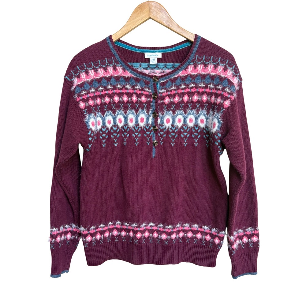 Sundance Womens PXS Fair Isle Henley Sweater Burgundy Pink Blue Wool Mohair